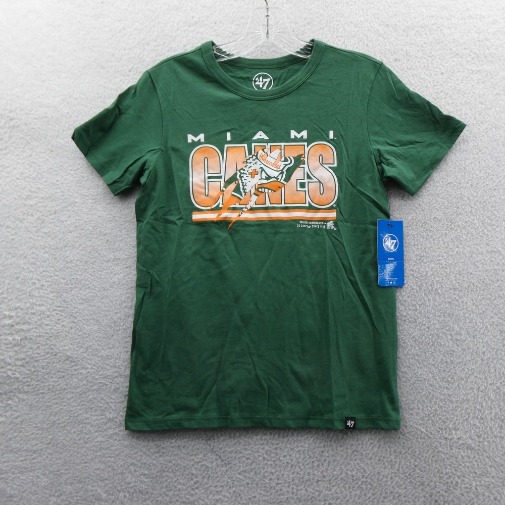 47 Brand Shirt Kids Large Miami Hurricanes Green Mascot 100% Cotton Short Sleeve